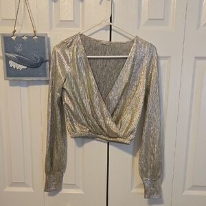 Zara Metallic Goldish Wrap Crop Long-Sleeve Top